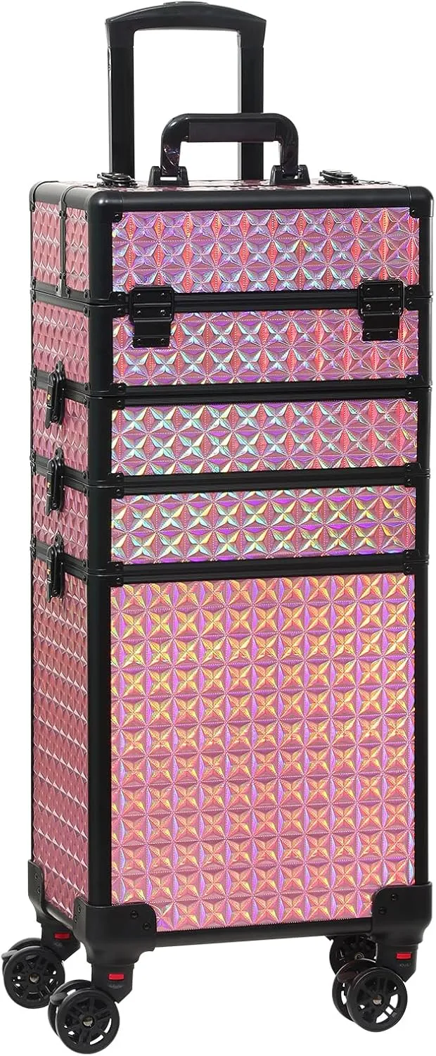 Rolling Train Case 4-in-1 Portable Makeup Train Case Professional Cosmetic Organizer Makeup Traveling case Trolley Cart Trunk (colorful red)