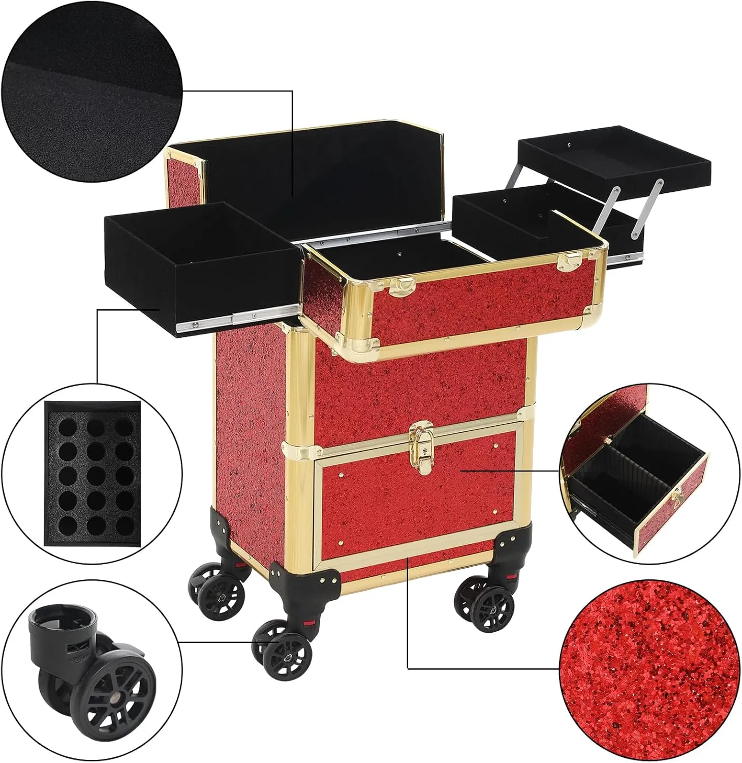 Rolling train case with drawer Makeup rolling Cosmetic organizer Makeup traveling case Makeup trolley (red)