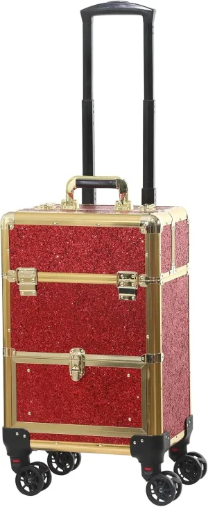 Rolling train case with drawer Makeup rolling Cosmetic organizer Makeup traveling case Makeup trolley (red)