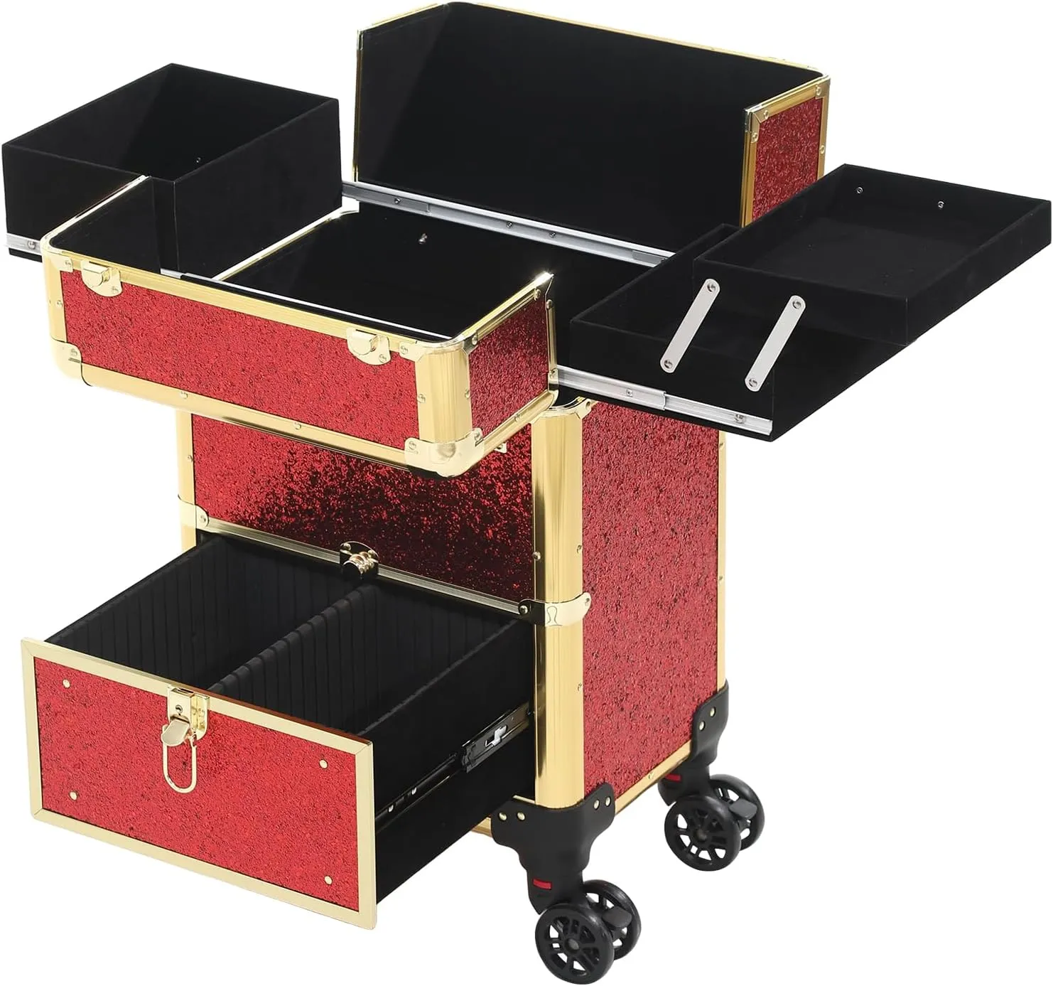 Rolling train case with drawer Makeup rolling Cosmetic organizer Makeup traveling case Makeup trolley (red)