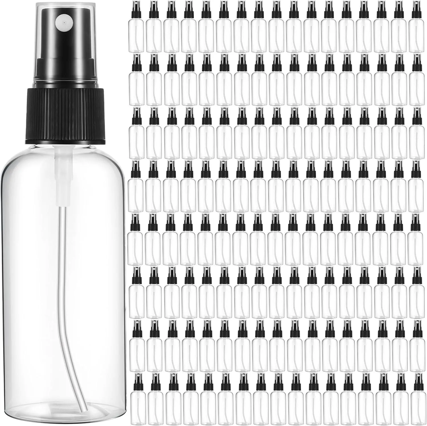 Roshtia 100 Pcs 2 oz Plastic Mini Spray Bottles with Black Cap Clear Empty Fine Mist Spray Bottles Refillable Liquid Container for Essential Oils Perfumes Travel Makeup