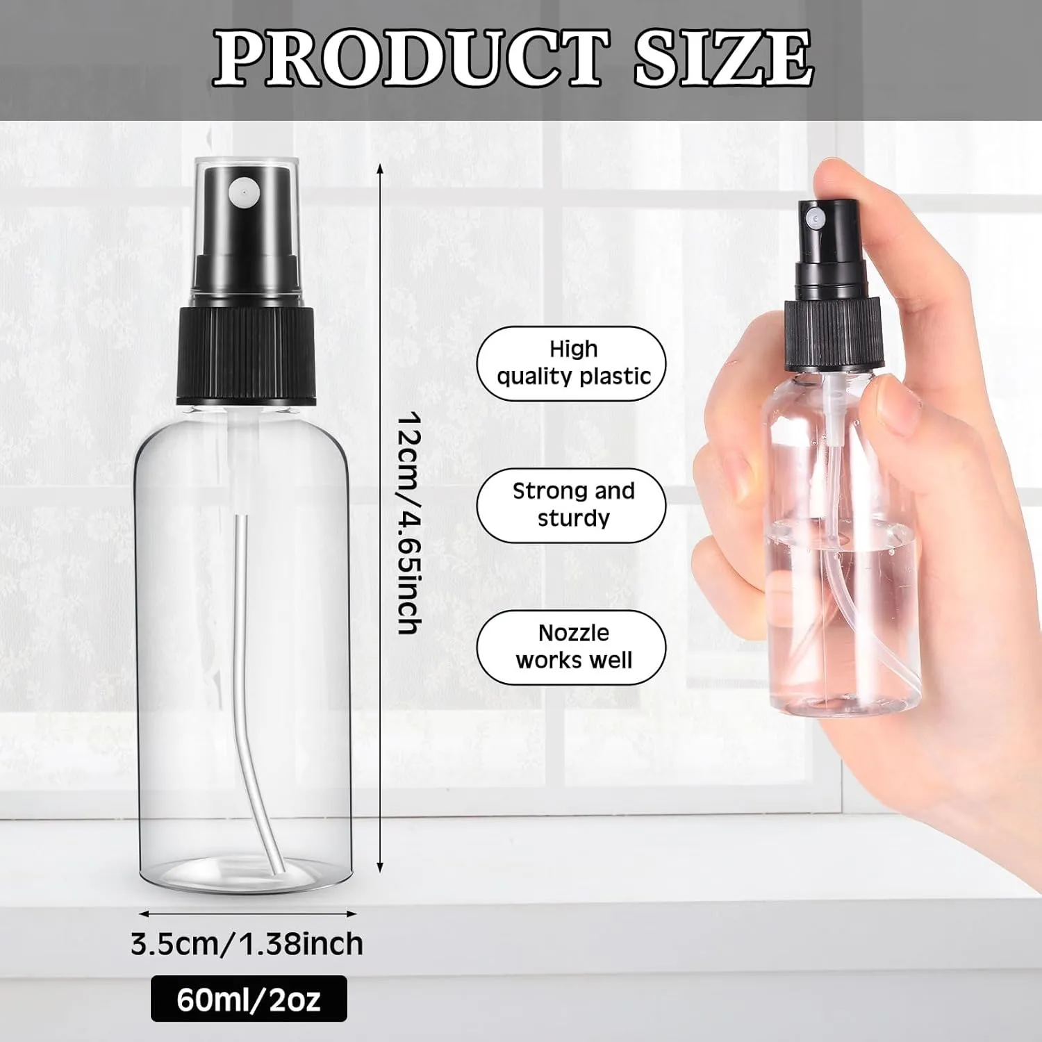 Roshtia 100 Pcs 2 oz Plastic Mini Spray Bottles with Black Cap Clear Empty Fine Mist Spray Bottles Refillable Liquid Container for Essential Oils Perfumes Travel Makeup