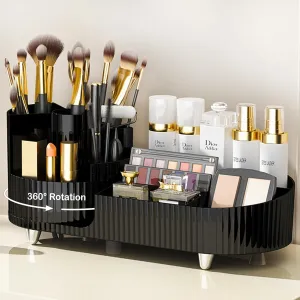 Rotating Makeup Organizer for Vanity with Brush Holder, Cosmetic Makeup Storage Organizer, Large Spinning Makeup Skincare Organizer, Countertop Makeup Perfume Organizer, Lotions Display Case (Black)
