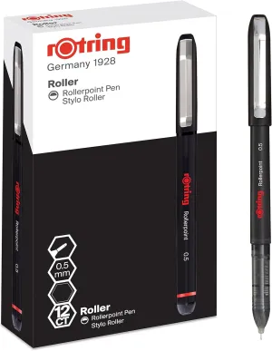 rOtring Rollerball Pen | Needle Point (0.5 mm) Rollerpoint for Precise Writing | Black Ink | 12 Count