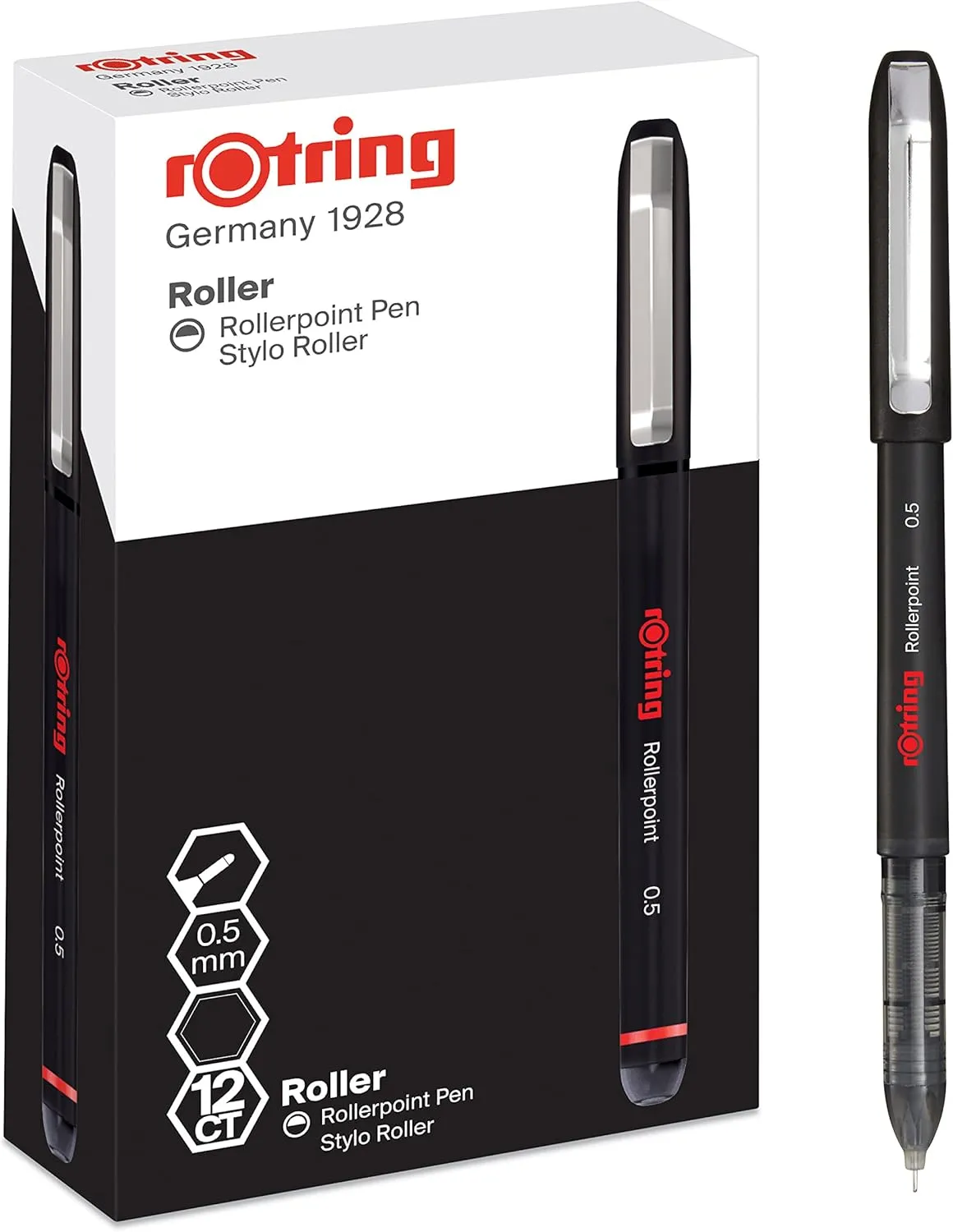 rOtring Rollerball Pen | Needle Point (0.5 mm) Rollerpoint for Precise Writing | Black Ink | 12 Count