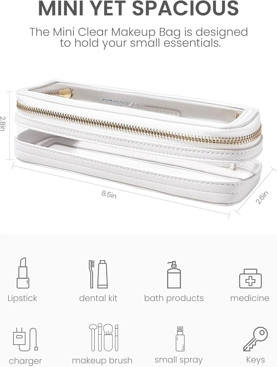 ROWNYEON Small Waterproof Toiletry Organizer Train Case, CLear Travel Makeup Bag for Women，Transparent Cosmetic Bag，Portable Makeup Case Organizer (White)