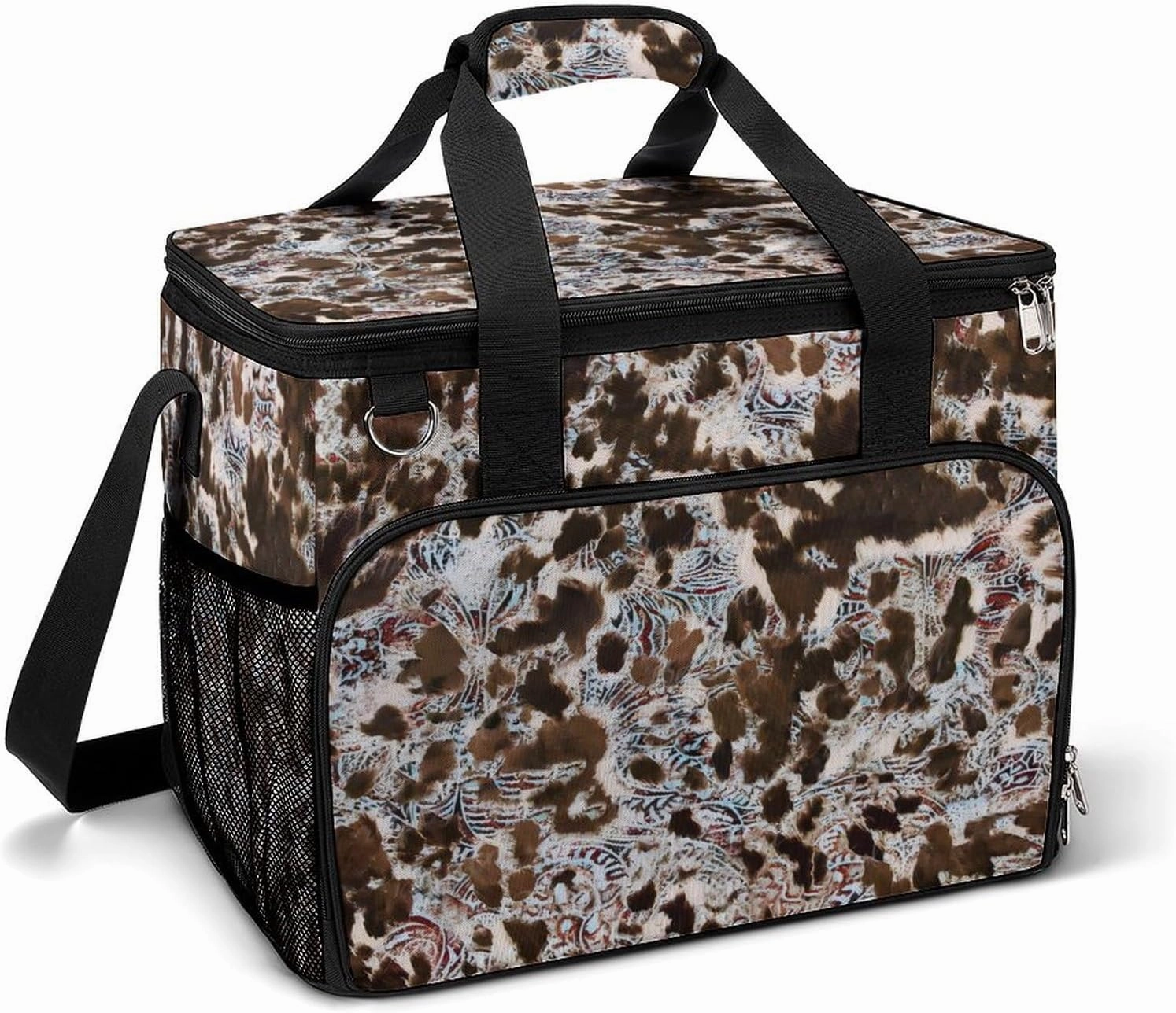 Rustic Cowhide Brown Teal Western Country Cooler Bag, Collapsible Soft Sided Cooler, Large Leakproof Camping Cooler, Portable Travel Cooler for Camping, Road Trips