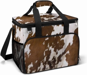 Rustic Cowhide with Black and Brown Spots Fur Cooler Bag, Collapsible Soft Sided Cooler, Large Leakproof Camping Cooler, Portable Travel Cooler for Camping, Road Trips