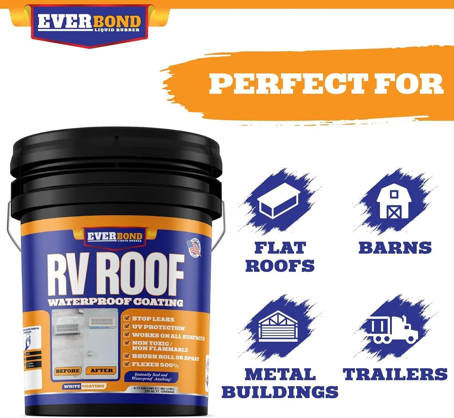 RV Roof Coating - Liquid Rubber RV Roof Sealant for Camper Roofs, Trailers, Motorhomes, and Metal Buildings - Roof Cooling White 4.75 Gallon