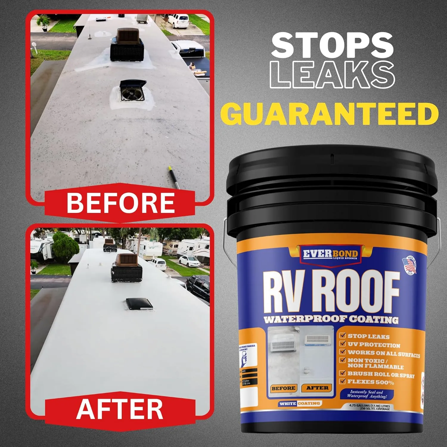 RV Roof Coating - Liquid Rubber RV Roof Sealant for Camper Roofs, Trailers, Motorhomes, and Metal Buildings - Roof Cooling White 4.75 Gallon