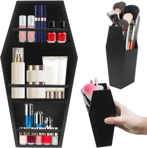 S-SNAIL-OO 16in Wooden Goth Makeup Decor with 2 Coffin Brush Holders, Spooky Coffin Gothic Organizer for Lipstick, Nail Polish or Makeup Brushes (3PCS)