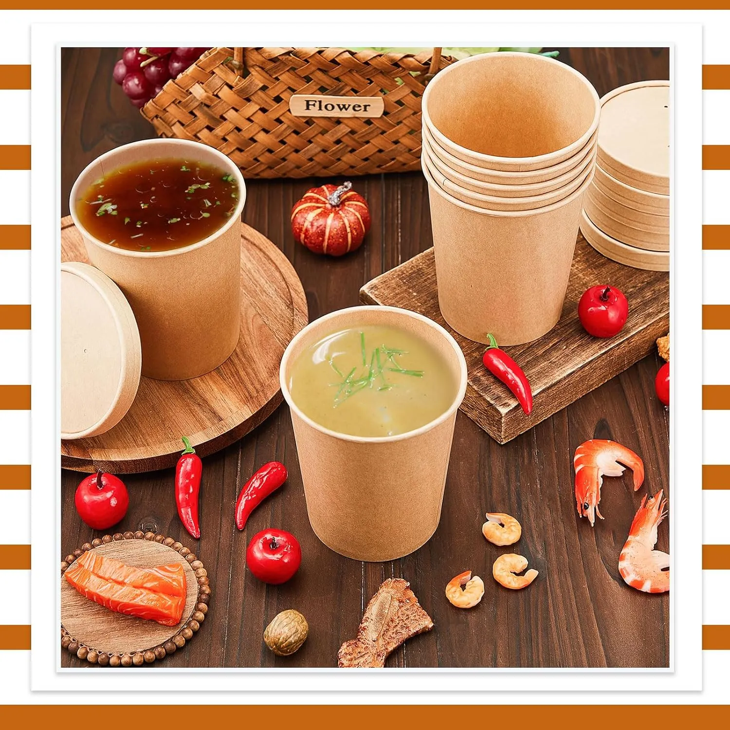 Sabary 50 Pack 16 oz Paper Soup Containers with Lid Disposable Kraft Soup Food Bowl Microwavable Food Storage Ice Cream Containers Nice for Restaurants(Brown)