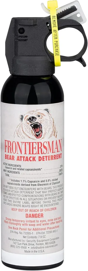 SABRE Frontiersman 7.9 fl oz. Bear Spray, Maximum Strength 2.0% Major Capsaicinoids, Powerful 30 ft. Range Bear Deterrent, Outdoor Camping & Hiking Protection, Quick Draw Holster & Multipack Options