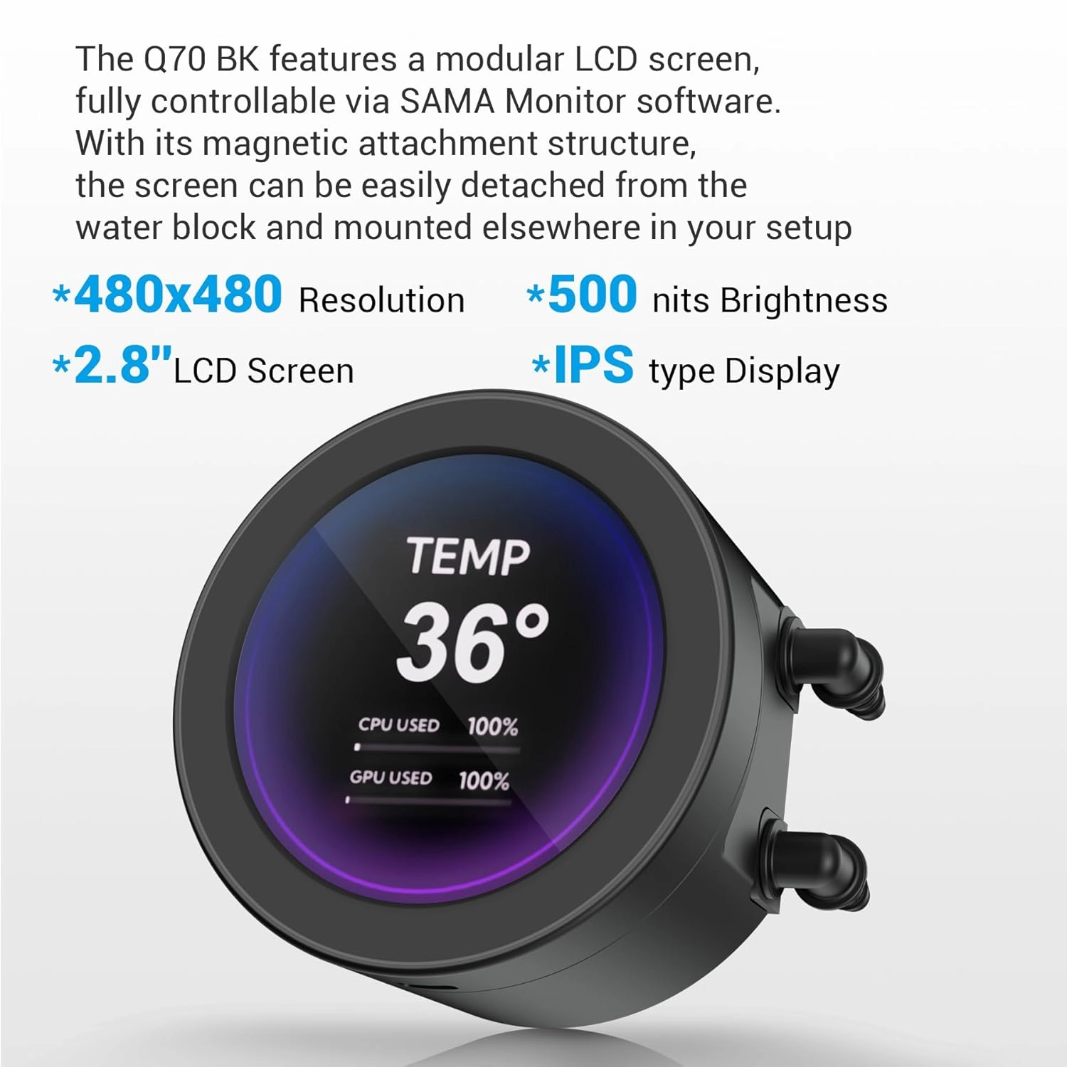 SAMA Q70 CPU Liquid Cooler, 360MM Water AIO CPU Cooler with 2.8" LCD Display, Magnetic Detachable, XT120 Modular Fans LCP Blade, Bonus Stands, 115X, 2011, 1200, 1700, 1851， AM4, AM5 Black