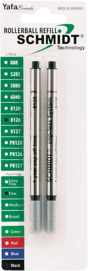 Schmidt 8126 Long Capless Rollerball Refill Fine Point 0.6mm, Black, 2 Pack Blister (SC58123)