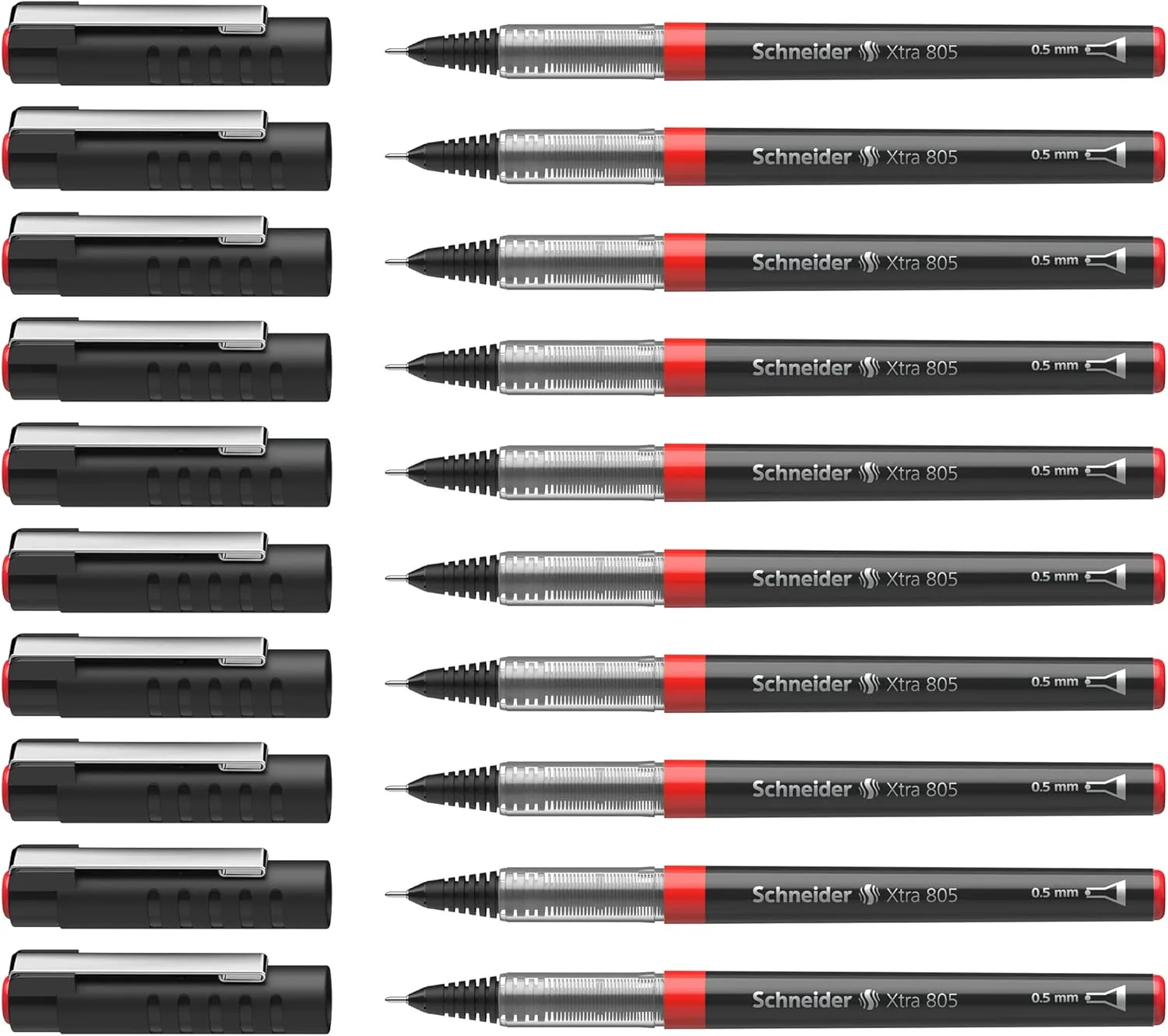 Schneider Xtra 805 Rollerball Pen with Tube Tip 0.5 mm Stainless Steel Pack of 10 Black red