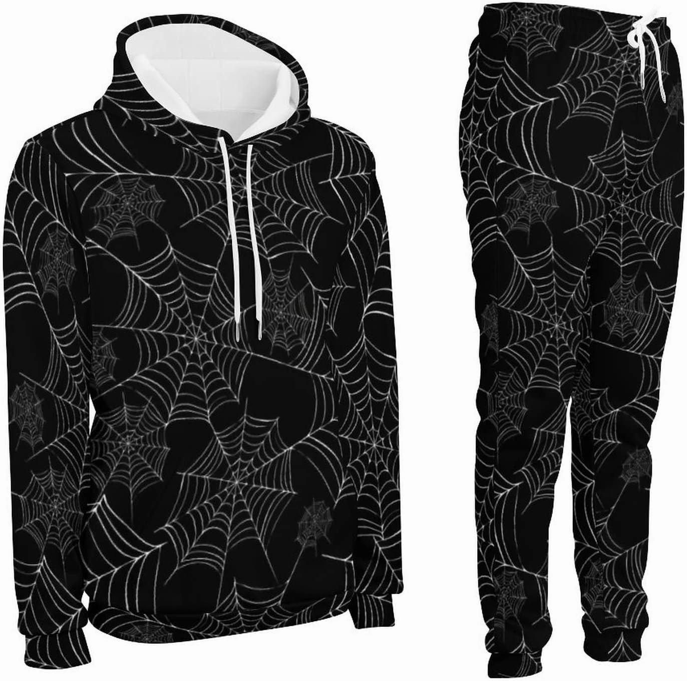 SEPTYK Halloween Spider Black Spiderweb Pattern Hoodie And Sweatpants Set Pullover Tracksuit Drawstring For Casual Unisex