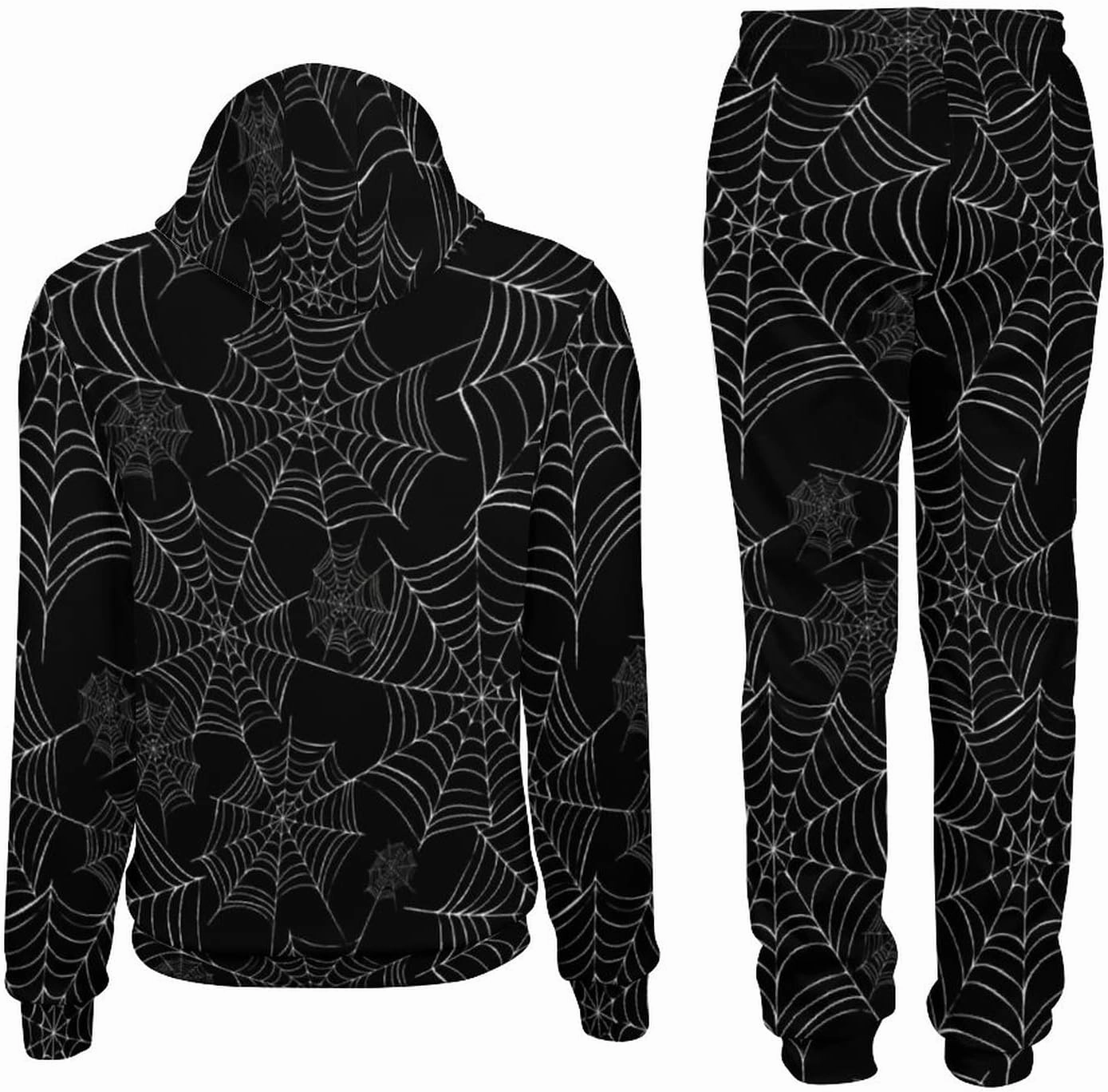SEPTYK Halloween Spider Black Spiderweb Pattern Hoodie And Sweatpants Set Pullover Tracksuit Drawstring For Casual Unisex