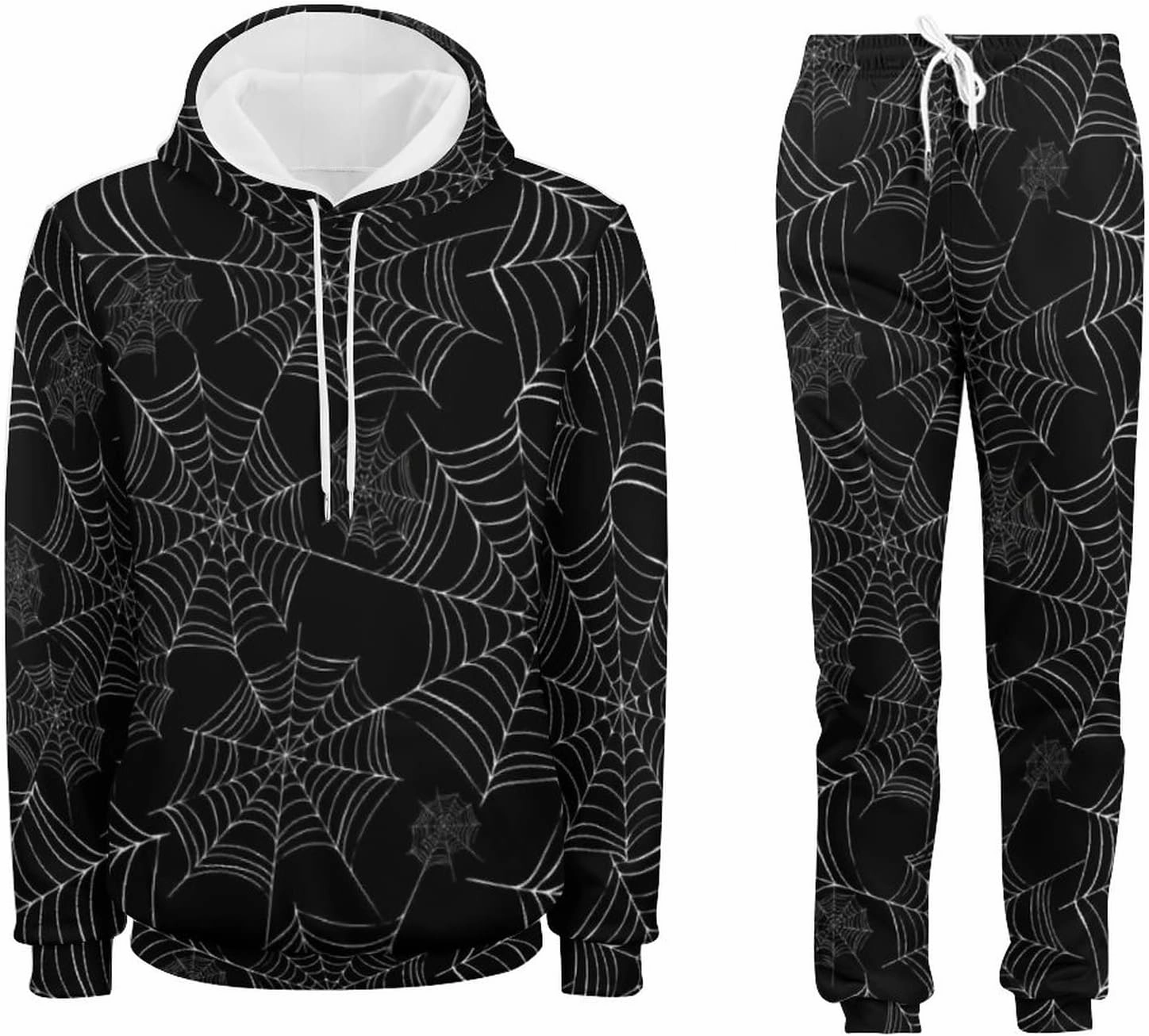 SEPTYK Halloween Spider Black Spiderweb Pattern Hoodie And Sweatpants Set Pullover Tracksuit Drawstring For Casual Unisex