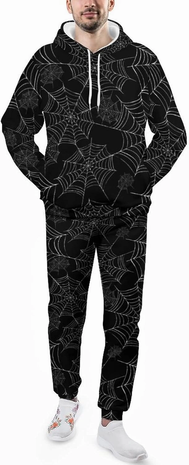 SEPTYK Halloween Spider Black Spiderweb Pattern Hoodie And Sweatpants Set Pullover Tracksuit Drawstring For Casual Unisex