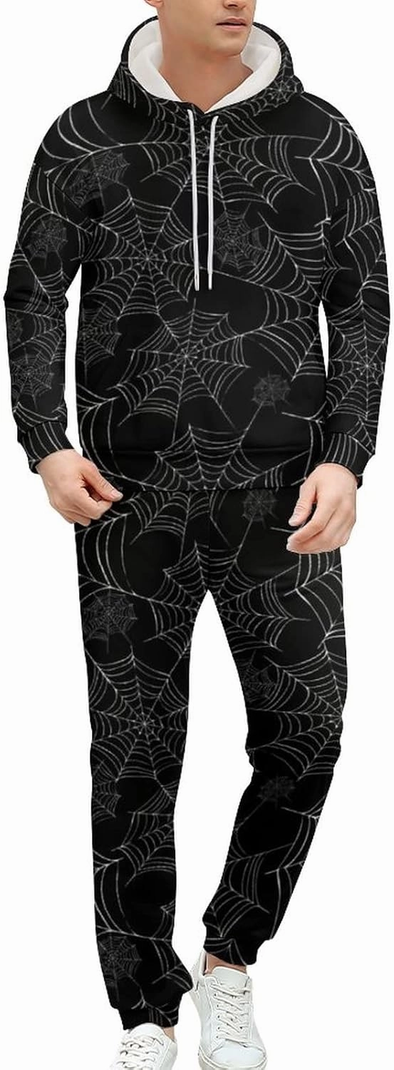 SEPTYK Halloween Spider Black Spiderweb Pattern Hoodie And Sweatpants Set Pullover Tracksuit Drawstring For Casual Unisex