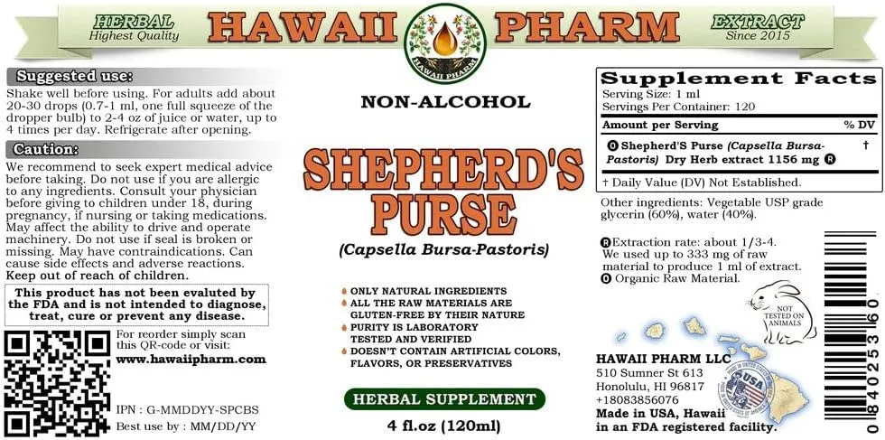 Shepherd's Purse Alcohol-Free Liquid Extract, Organic Shepherd's Purse (Capsella Bursa-Pastoris) Dried Seedpods Glycerite Natural Herbal Supplement, Hawaii Pharm, USA 2 fl.oz