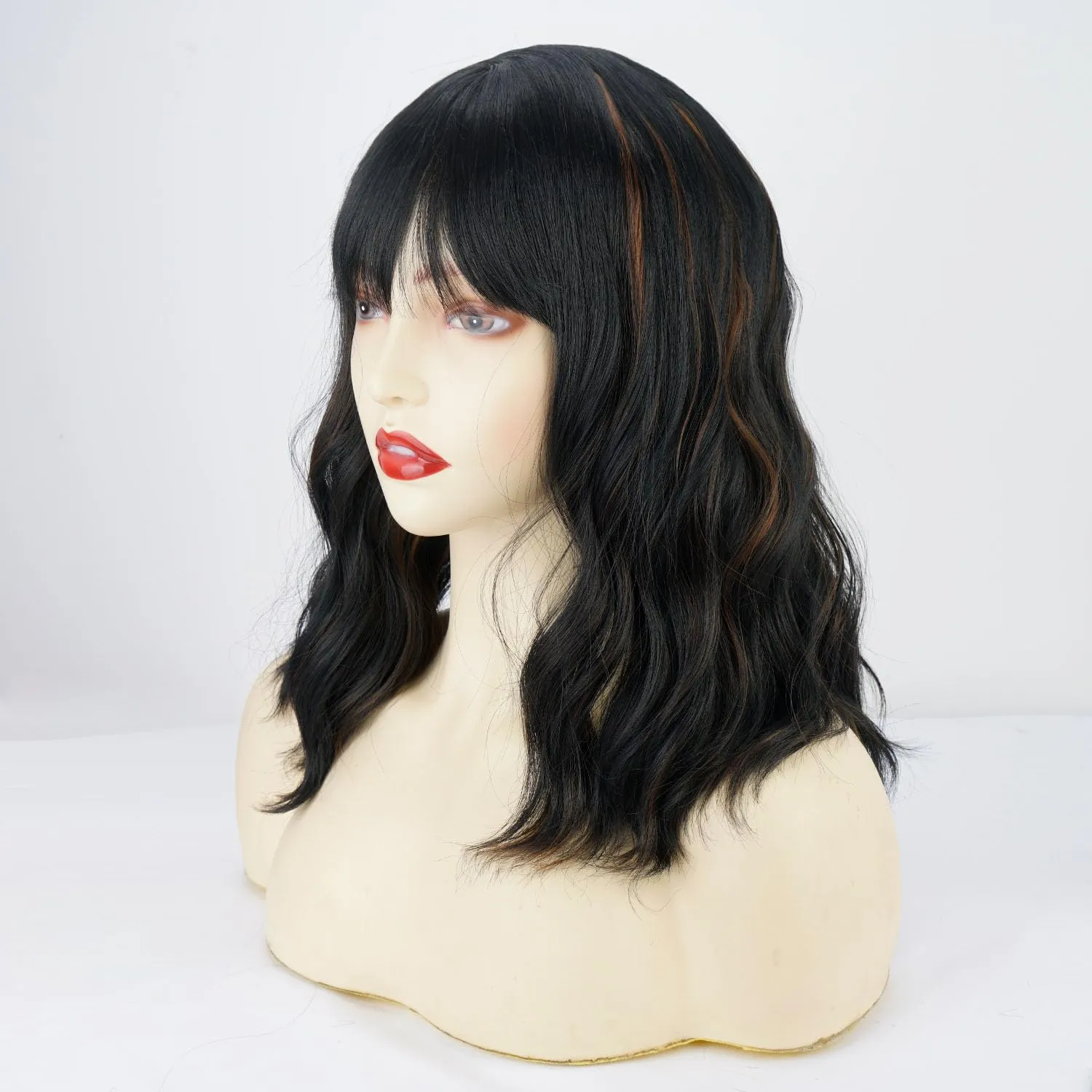 Short Bob Wavy Wig with Bangs for Women Black Mix Brown Color Wigs for Women Loose Curly Shoulder Length Bob Curly Women's Charming Synthetic Wigs Style Synthetic Wig ( Black Mix Brown 12 Inch )