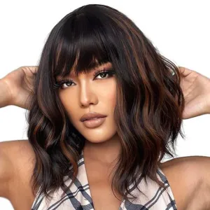 Short Bob Wavy Wig with Bangs for Women Black Mix Brown Color Wigs for Women Loose Curly Shoulder Length Bob Curly Women's Charming Synthetic Wigs Style Synthetic Wig ( Black Mix Brown 12 Inch )