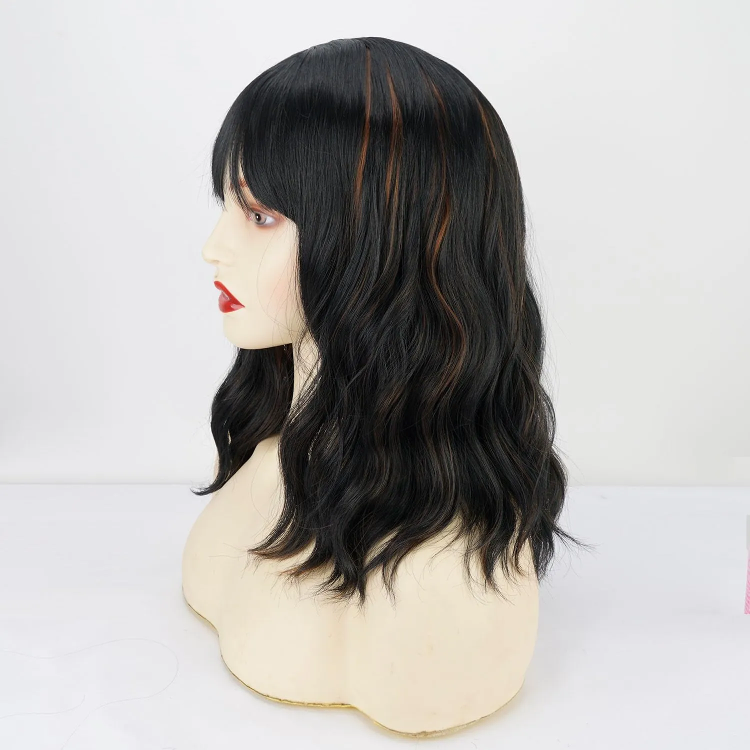 Short Bob Wavy Wig with Bangs for Women Black Mix Brown Color Wigs for Women Loose Curly Shoulder Length Bob Curly Women's Charming Synthetic Wigs Style Synthetic Wig ( Black Mix Brown 12 Inch )