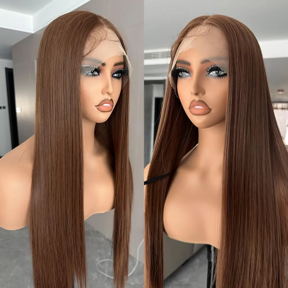 Silk Straight Wig Lace Front Synthetic Wigs Medium Brown Pre Plucked Ready to Wear SunKissed Invisible HD Lace Natural Looking Daily Baby Hair Wig For Black Women