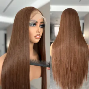 Silk Straight Wig Lace Front Synthetic Wigs Medium Brown Pre Plucked Ready to Wear SunKissed Invisible HD Lace Natural Looking Daily Baby Hair Wig For Black Women