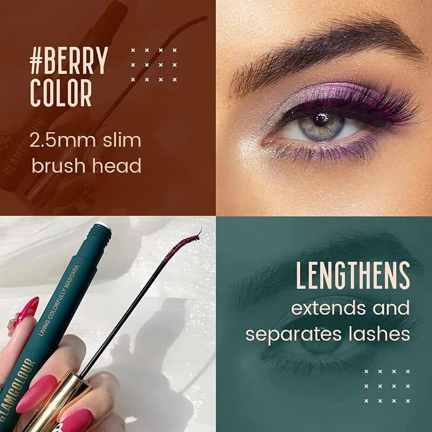 Silk Fiber Lash Mascara, Magic Color Skinny Mascara, Waterproof Skinny Mascara, Glamcolour Living Colorfully Mascara, Colored Mascara, Long-lasting and Non-blooming (4 colors-B)