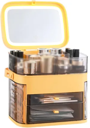 Smart Makeup Mirror Multifunctional Water-Resistant Cosmetic Storage Box with LED High-Definition Makeup Mirror 3-Level Dimming Makeup Mirror for Women Gifts (Color : Green) (Yellow)