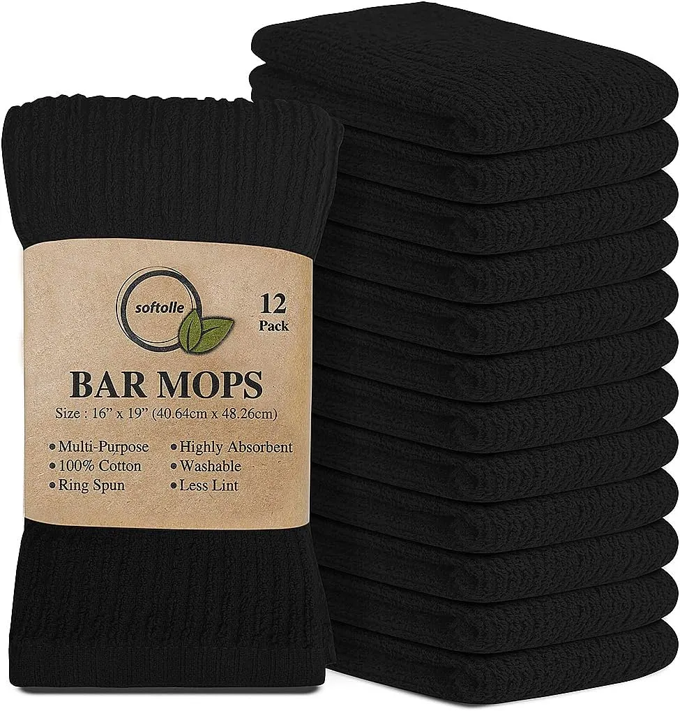 Softolle Kitchen Towels - Pack of 12, 16x19 Inches, 100% Cotton White, Super Absorbent Bar Towels, Multi-Purpose for Home, Kitchen and Bar Cleaning (Black)