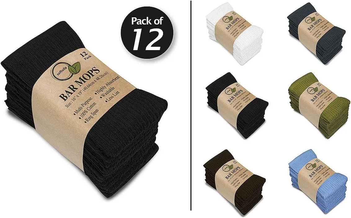 Softolle Kitchen Towels - Pack of 12, 16x19 Inches, 100% Cotton White, Super Absorbent Bar Towels, Multi-Purpose for Home, Kitchen and Bar Cleaning (Black)