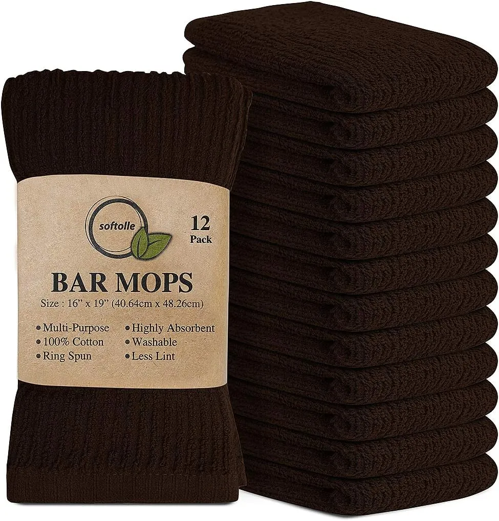 Softolle Kitchen Towels - Pack of 12, 16x19 Inches - 100% Cotton White, Super Absorbent Bar Towels, Multi-Purpose for Home, Kitchen and Bar Cleaning (Brown)