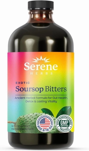 Soursop Bitters Liquid – Organic Herbal Detox with Black Seed, Moringa & Ginger by Serene Herbs – Supports Digestive Wellness & Immune Function – 16 fl oz​