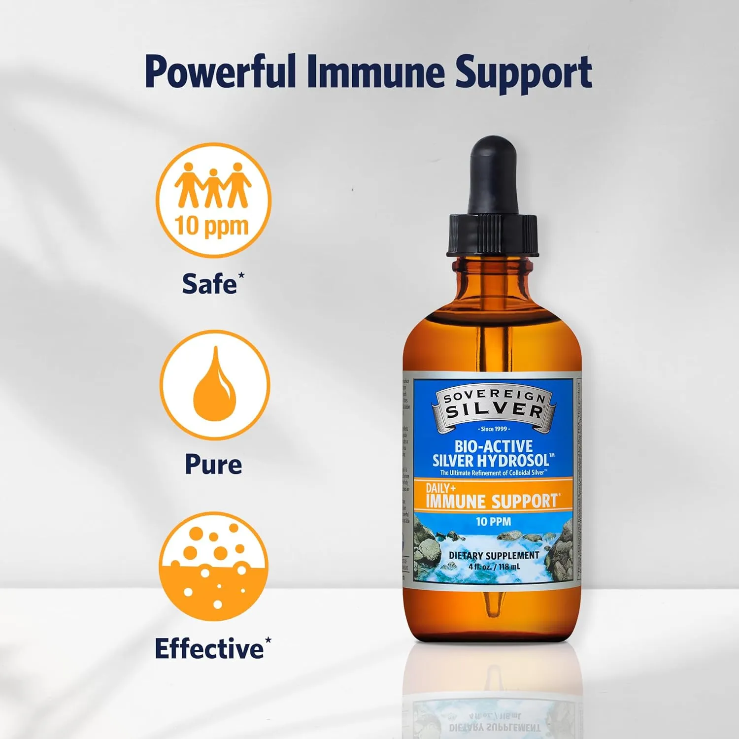 Sovereign Silver Immune Support - Colloidal Silver Mineral Supplement – Liquid Bio-Active Silver Hydrosol - 10ppm - 4oz (118mL) Dropper