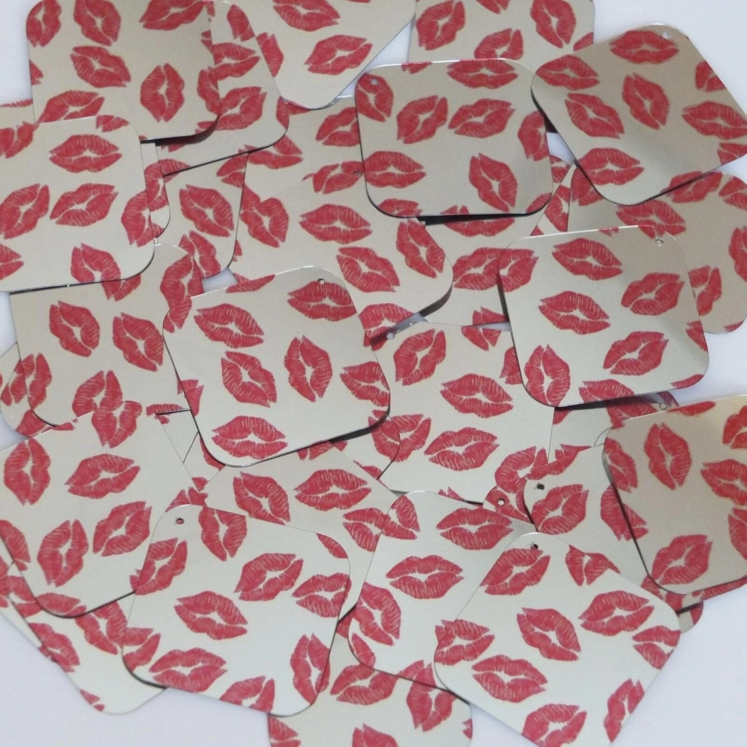 Square Diamond Sequin 1.5" Red Lips Kiss Lipstick Print Silver Metallic Paillett