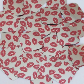 Square Diamond Sequin 1.5" Red Lips Kiss Lipstick Print Silver Metallic Paillett
