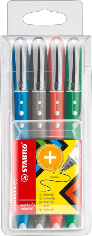 STABILO Rollerball worker  colorful - Pack of 4 - Green, Red, Blue, Black, 0.5 mm Medium Tip, Non-Slip Grip, Smooth Writing
