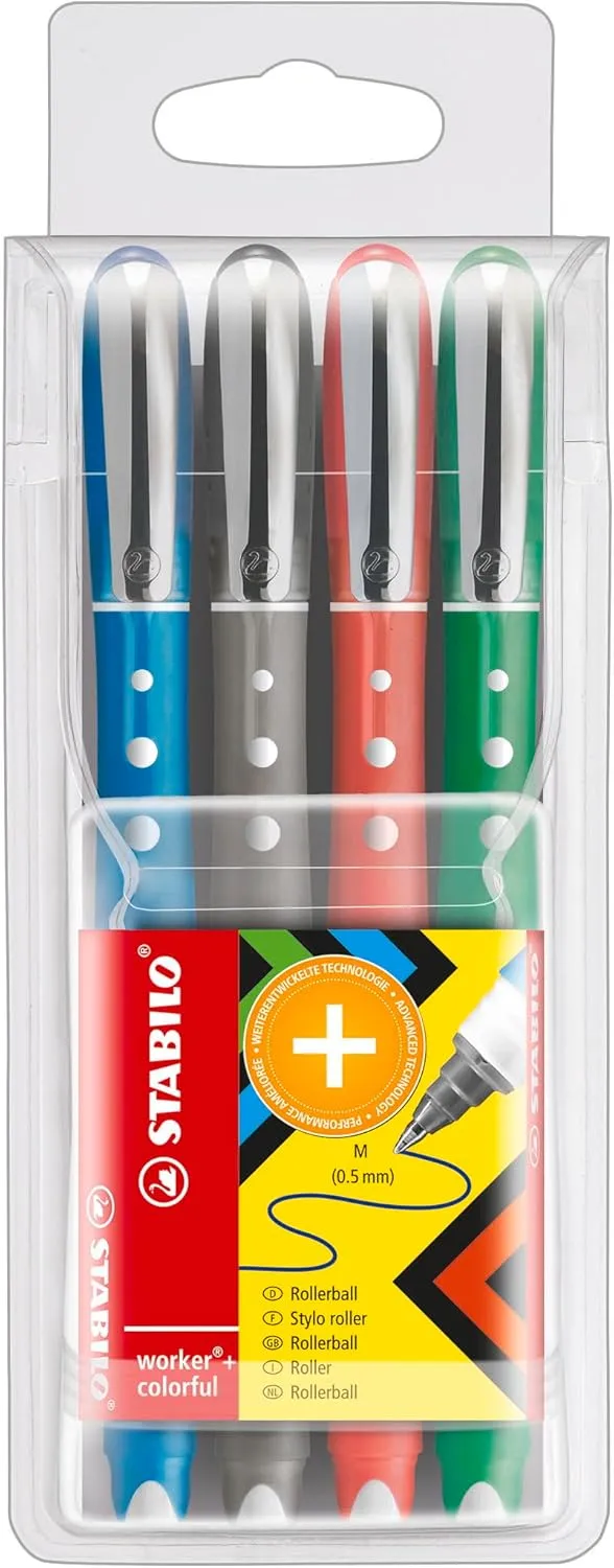 STABILO Rollerball worker  colorful - Pack of 4 - Green, Red, Blue, Black, 0.5 mm Medium Tip, Non-Slip Grip, Smooth Writing