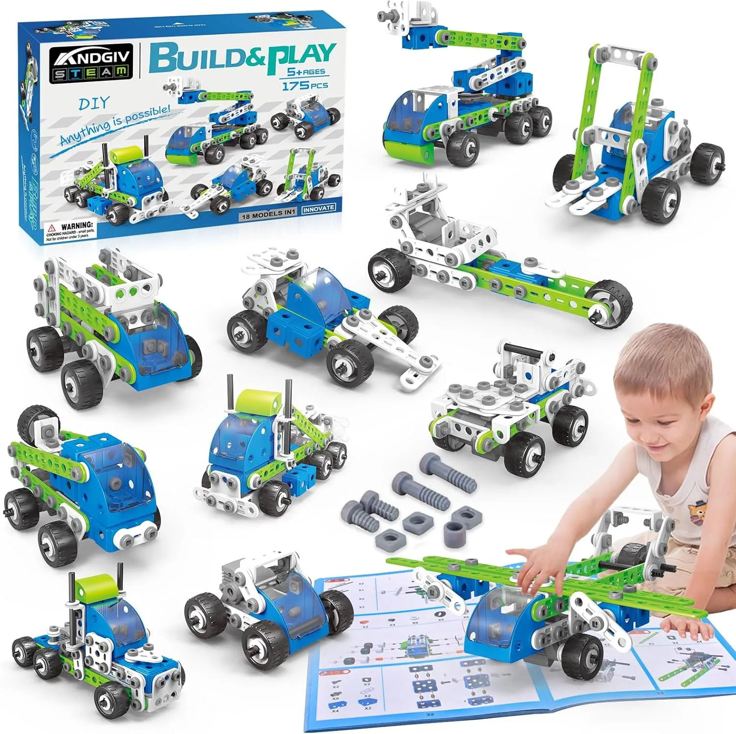 STEM Building Toys Gifts for Kids Ages 4-8: 175-Piece 18-in-1 Educational Construction Kit, Building Blocks Erector Set, Creative Engineering Gift for Boys & Girls 4 5 6 7 8 9 10 Year Old Birthday