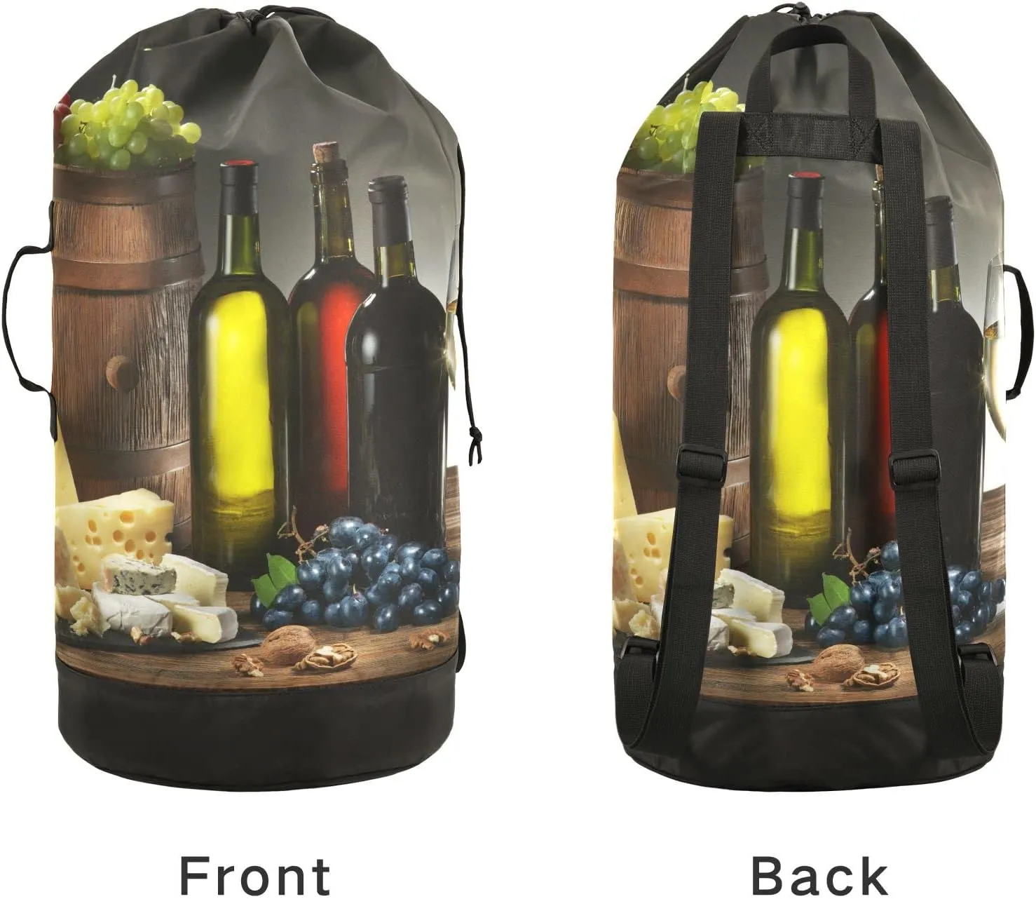 Still-life Bottles Glasses of Red Wine, Cheeses, Grapes, Wood Barrel Backpack Laundry Bag, Laundry Backpack with Shoulder Straps, Waterproof Nylon Clothes Hamper Bag for Men Women Yoga Backpack