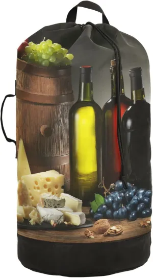 Still-life Bottles Glasses of Red Wine, Cheeses, Grapes, Wood Barrel Backpack Laundry Bag, Laundry Backpack with Shoulder Straps, Waterproof Nylon Clothes Hamper Bag for Men Women Yoga Backpack