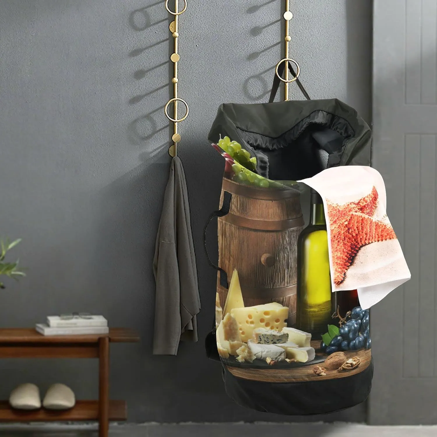 Still-life Bottles Glasses of Red Wine, Cheeses, Grapes, Wood Barrel Backpack Laundry Bag, Laundry Backpack with Shoulder Straps, Waterproof Nylon Clothes Hamper Bag for Men Women Yoga Backpack