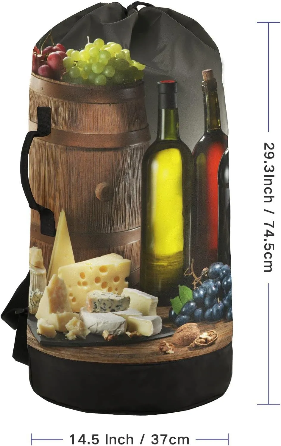 Still-life Bottles Glasses of Red Wine, Cheeses, Grapes, Wood Barrel Backpack Laundry Bag, Laundry Backpack with Shoulder Straps, Waterproof Nylon Clothes Hamper Bag for Men Women Yoga Backpack