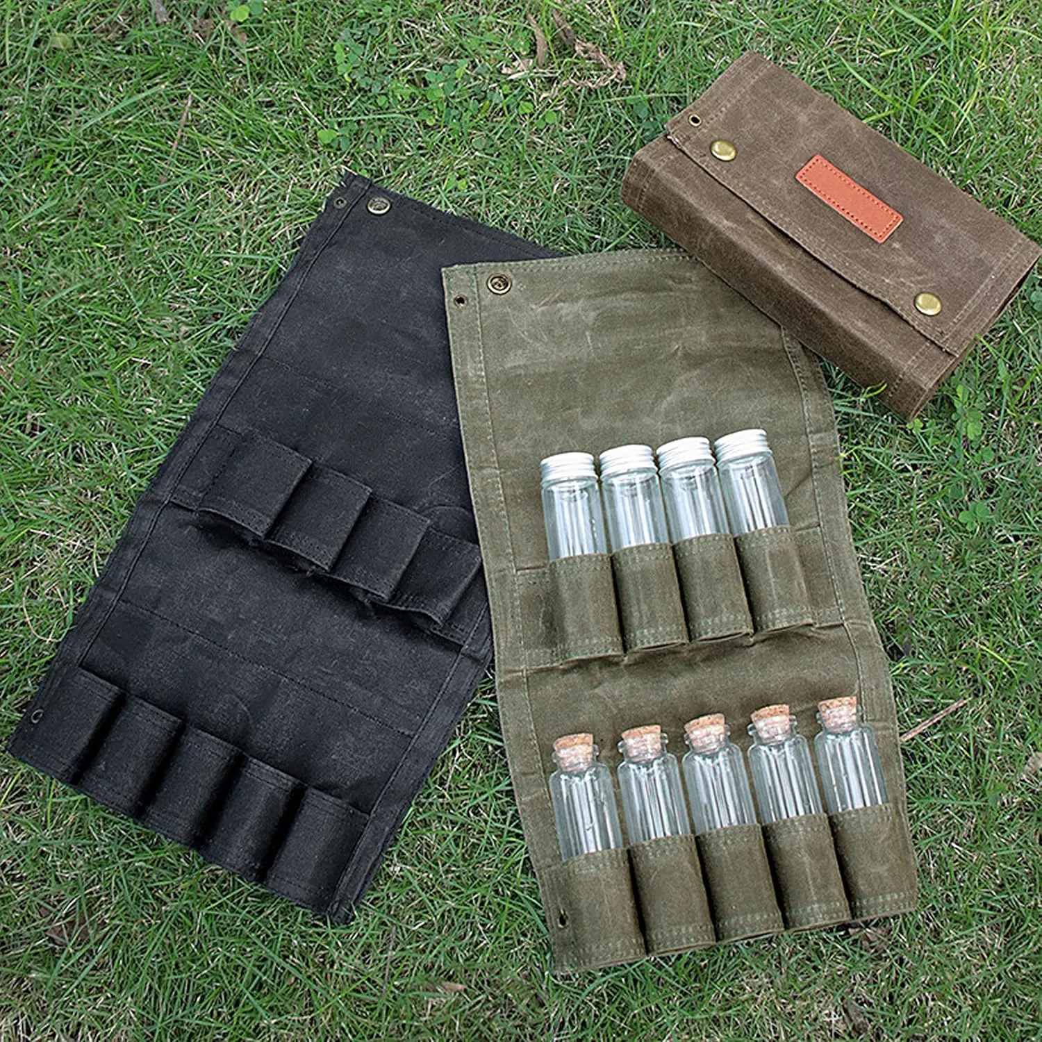 Storage Jars - Camping Spice Kit with 9 Spice Jars,Outdoor Travel Portable Spice Bag,Condiment Seasoning Bottle Holder for Hiking BBQ Picnic(Brown)