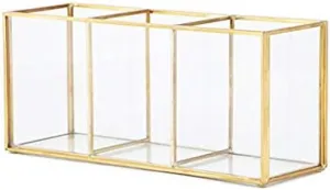 Stylish Brass Gold Glass Makeup Brush Holder Organizer Cosmetic Vanity Lipstick Holder, Vintage Gold Clear Glass Decorative Office,Bathroom,Bedroom Desktop Pen Pencil Holder Beauty Storage Display