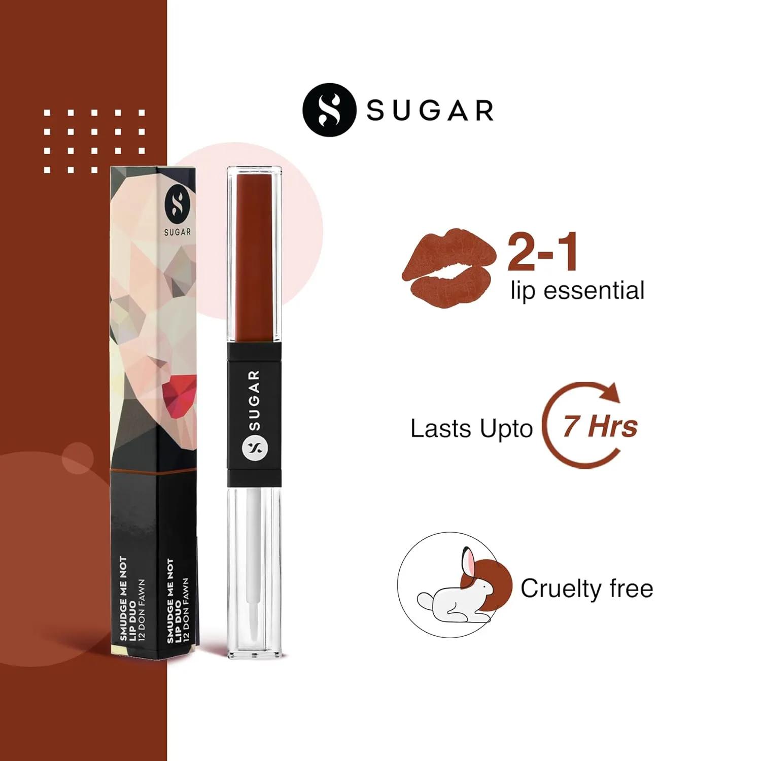 SUGAR Cosmetics - Smudge Me Not - Lip Duo - 12 Don Fawn (Yellow Brown) - 3.5 ml - 2-in-1 Duo Liquid Lipstick with Matte Finish and Moisturizing Gloss
